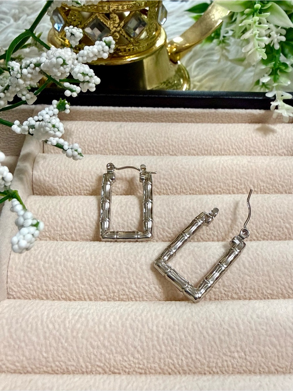Silver Rectangular Bamboo-Style Hoop Earrings - Women Jewelry